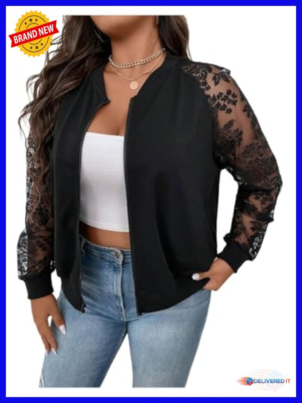 Plus Size Lace Zip Up Bomber Jacket Mesh Long Sleeve Outerwear